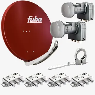 Fuba Sat Anlage 4 Teilnehmer - 2 Satelliten | Satellitenschüssel Komplettset - DAA 850 R Sat-Schüssel 85cm Alu rot + 2x Quad LNB 4 Teilnehmer + Mult