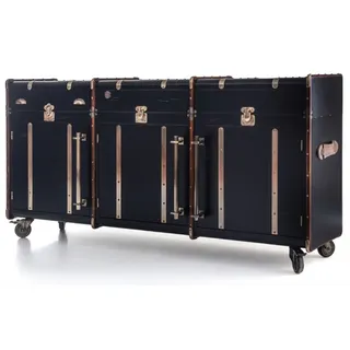Casa Padrino Luxus Sideboard in Koffer Optik Schwarz / Braun / Messing 200 x 48 x H. 101 cm - Massivholz Kofferschrank mit Rollen - Büro Schrank - Wohnzimmer Schrank - Luxus Möbel