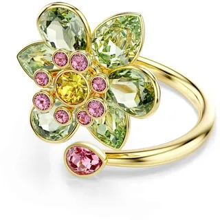 Swarovski Idyllia Offener Ring, Grüner, Vergoldeter Ring mit Blumen-Motiv, Verschiedenen Formen und Schattierungen sowie Kristallen in Grün, Pink und Gelb, Größe: 55