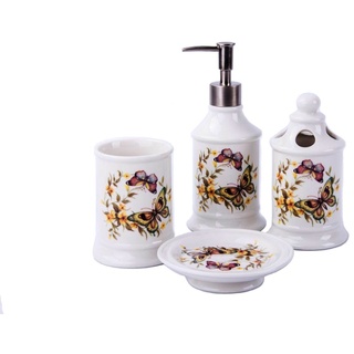 GMMH Landhaus Vintage BADSET Schmetterlinge Badezimmer ZUBEHÖR Set SEIFENSPENDER WC BÜRSTE Keramik (4 er Set)