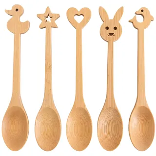 NCEJNY 5er Set Holzkochlöffel mit süßen Tier-Motiven | Niedliche Holzlöffel zum Kochen und Backen | Kleines Kochlöffel Set aus Holz für Küche & Kinder | 5 verschiedene Tier-Designs, Rührlöffel
