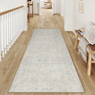 PureCozy Beige Grau Läufer Flur Teppich 60x180 Küchenteppich Waschbar rutschfest Abstrakt Boho Carpet Bettvorleger Schlafzimmer Esszimmer Büroteppich Kurzflor Weich Carpets