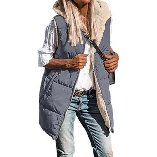 ASKSA Damen Wendewesten aermellose Fleecejacke Reissverschluss Kapuzenpullover Lange Warme Wintermantel, Dunkelgrau, L - Dunkelgrau - L