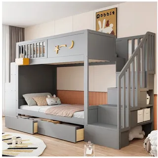 Flieks Etagenbett, Kinderbett 90×200cm mit Schubladen Stauraumtreppe Schreibtisch grau