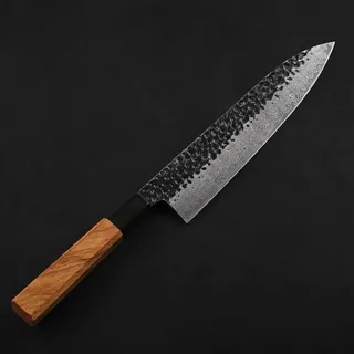 What the Art!® Olive Wood «Santoku» | Japanisches Küchenmesser | Damaststahl Kochmesser mit Olivenholzgriff | Handarbeit | 36 cm | Allzweckmesser - Fleischmesser - Damastmesser - Profimesser