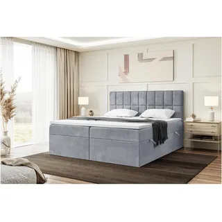 MEBLINI Boxspringbett mit Bettkasten - 180x220 - H3/Grau Samt - Lukas - Gepolstert Doppelbett mit Matratze und Topper - Polsterbett mit Stauraum - Bett mit Kopfteil - Stauraumbett