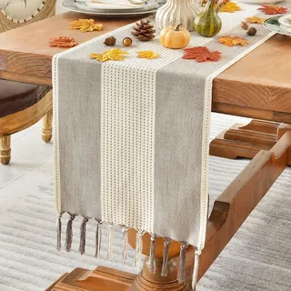 Wracra Tischläufer Kaffee Baumwolle Leinen, Tischläufer Boho Makramee | 150cm, Feinfühliges Spleiß Design, Tischläufer Modern Handquasten, Maschinenwaschbar, Esszimmer, Feiertage, Party, Wohnkultur