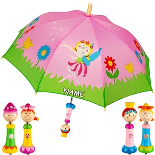 alles-meine.de GmbH Kinderschirm/Regenschirm Motivwahl Mädchen & Jungen - Elfe & Fee - Blumen - inkl. Name - Ø 70 cm - Kinder - Stockschirm - groß mit Griff - Mädchen Holzg..