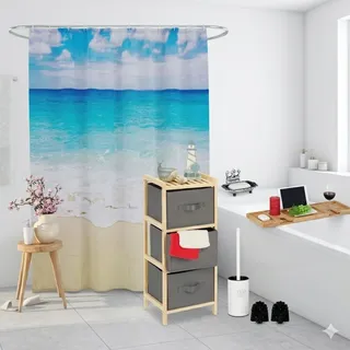 Badezimmer-set Im Vintage-bambus-stil (5-teilig) – Duschvorhang, Seifenschale Aus Gusseisen Und Badewannenablagen