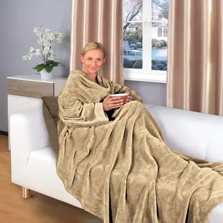 Gräfenstayn® Kuscheldecke mit Ärmeln und Fußtasche - Flauschige Decke zum anziehen - Öko-tex Standard 100 - Ärmeldecke für Damen & Herren - TV-Decke (Hellbraun, 180x150cm)