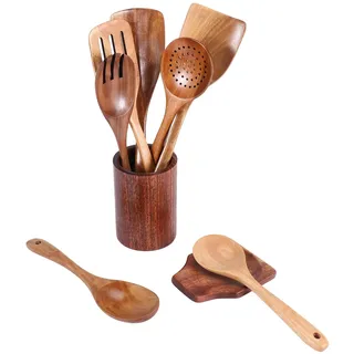 Kueohse 9 PCS HolzlöFfel zum Kochen, Holzutensilien zum Kochen mit Utensilienhalter, KüChenutensilien-Set Aus Teakholz
