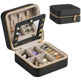 SONGMICS Schmuckkasten Reise, Schmuck-Reiseetui, Spiegel, Reißverschluss, Geschenkidee, Schmuckaufbewahrung tragbar, PU-Bezug, 11,4 x 11,4 x 6 cm schwarz