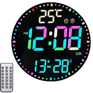 BORDEAG 12" LED Wanduhr Digital Groß, Digitale Wanduhr RGB Farbwechsel, Temperaturanzeige, 2 Alarme, Datum Woche, Automatische Helligkeit, Moderne Digital Uhr für Wohnzimmer und Schlafzimmer