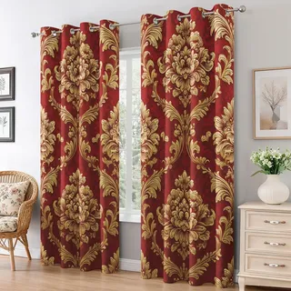 Generisch Vorhänge Rot Gold Damast Wohnzimmer Fenster, Blickdichte Gardinen Blumen Barock Viktorianisch Schlafzimmer Deko, Thermo Verdunklungsvorhänge mit Ösen 2er Set, H 166 x B 75 L-C&39