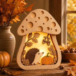Pilze Stimmungsleuchten mit LED, Herbstdeko aus Holz für Tischdeko Herbst | Stimmungsleuchten Mit Warmer LED Beleuchtung, Herbst Deko. Perfekte Herbst Tischdeko & Herbstdeko Innen, 15,4 X 12 X 2,5 Cm