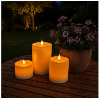 Online-Fuchs LED Solarleuchte - 3 LED Solar Kerzen, aufladbar für draußen - Lampen Outdoor, realistische Kerzenflamme, warmweiß, zusätzlich im Inneren beleuchtet - 9, 12 und 17 cm hoch beige