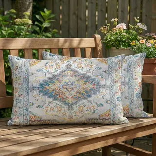 Boho Outdoor Kissen Set von 2, wetterfest 30 x 50 cm, vintage beige Dekokissen fuer Garten