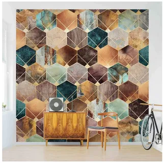 Bilderdepot24 Vliestapete Abstrakt Türkise Geometrie goldenes Art Deco Tapete Wanddeko Modern, Glatt, Matt, (Vliestapete inkl. Kleister oder selbstklebend), Wohnzimmer Schlafzimmer Küche Flur Fototapete Motivtapete Wandtapete goldfarben 1.44 m x 1.44 m