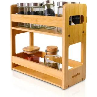luXva® Bambus Gewürzregal für die Wand oder stehend, Küchenregal mit 2 geräumigen Etagen, 28 x 28 x 11,5 cm, Gewürzständer zur Aufbewahrung von Gewürzbehälter und Kräutern (modern groß)