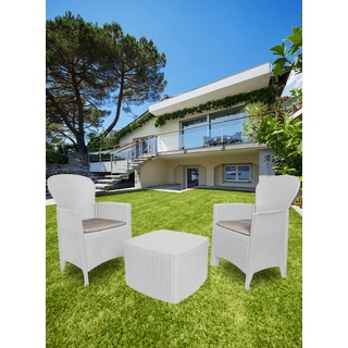 Outdoor-Lounge-Set Napoli, Gartengarnitur mit 2 Sesseln und 1 Containertisch, Sitzecke in Rattan-Optik, 100 % Italy, Weiß