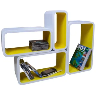 Cube Verstärkte Vielen Farben MDF Retro Design 4er Set Regal Regale Wandregal Deko Würfel CD DVD Lounge LO01 (Weiß/Gelb)