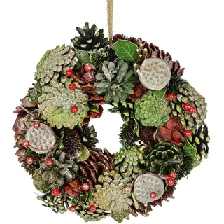 Natur-Kranz mit echten Zapfen Lotus Perlen Beeren Wanddeko Türdeko Türkranz Tischkranz Adventsdeko Adventskranz Weihnachtsdeko Kränze Naturmaterialien Trockenfloristik Kunstblumen, Kranz