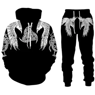 IPOVOQ Herren Trainingsanzug Set Viking Warrior 3D gedruckt Hoodie und Jogger Hose Anzug Zweiteiliges Set Casual Kapuze Sweatshirt Set - S