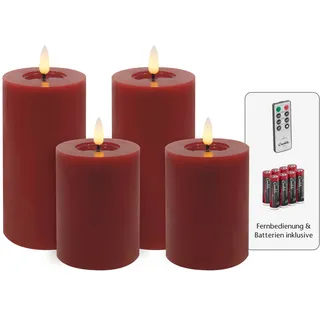 Candela Lights LED Kerzen 4er Set Winter rot glatt Echtwachs inklusive Fernbedienung und 8 Batterien Timer Funktion & mehrstufig dimmbar flammenlos Echtwachskerzen Stumpenkerzen
