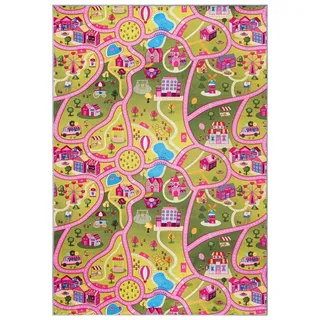 Mazovia Kinderteppich Kinderteppich Spiel Teppich Kinderzimmerteppich Straße Rosa Grün, 140 x 200 cm, Fußbodenheizung, Allergiker geeignet, Rutschfest grün|rosa 140 x 200 cm