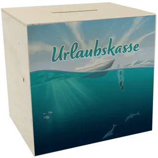Spardose aus Holz im Taucher-Design mit Boot und Text - Urlaubskasse Geschenk für Urlauber die gerne mit einem Boot auf das Meer hinaus Fahren um dort nach Fischen oder Riffen zu