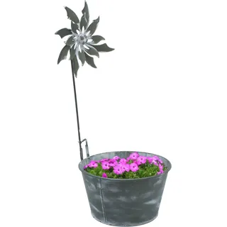 Metall Pflanzkübel Verzinkt Mit Deko Windmühle - 55 X 25 Cm - Garten Pflanzschale Shabby Grau Mit Windrad