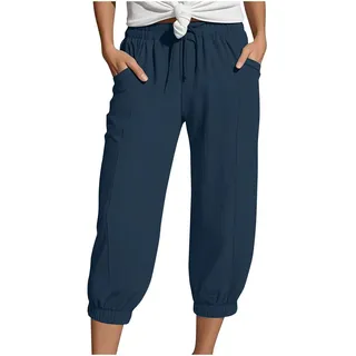 JVHYANFUL Musselin Hose Damen 3/4 - Sommerhose Leicht Leinenhose Sommer 7/8 Hosen Mit Taschen Caprihose Stretch Culotte Schlupfhose Stoffhose Strandhose Jogginghose Freizeithose Leinen Shorts