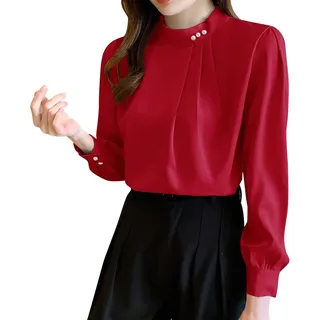 Seidenbluse Damen Oberteile Langarm Bluse mit Dekorativen Perle Festliche Blusen Elegant Shirt Hemdbluse Party Oberteil Arbeitshemd Seiden Business Outfit Satin Stehkragen Hemd - S