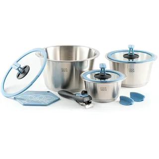 cookvision nesto stapelbares Topfset 10-tlg. Blau, 3 Edelstahltöpfe induktions-, backofen- und spülmaschinengeeignet, Set mit 3 Glasdeckeln, abnehmbarer Griff, für Paare, Camping, Reisen