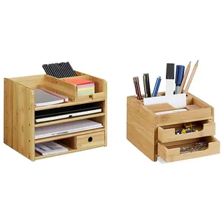 Relaxdays Schreibtisch Organizer, Briefablage A4, Notizzettel und Stifte ordnen, 26 x 33 x 24 cm & Schreibtisch Organizer Bambus, Stiftehalter Holz, Schreibtischbox Schubladen, 9,5 x 12,5 x 15 cm
