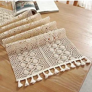 SYSUII Tischläufer Makramee für Hochzeit, 30 * 180CM Quasten Tischläufer Vintage Beige Elegante Hohle Mesh Tischdecke Häkelspitze Boho Tischdecke Tischband für Küche Vintage Bauernhaus Tabletop Dekor