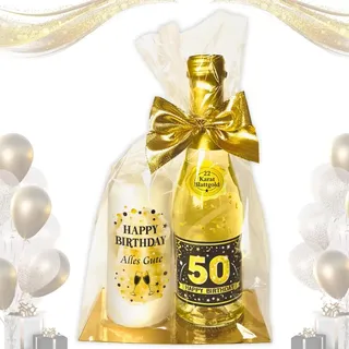 Hochwertiges Geschenkset - Piccolo 22 Karat Blattgold „50 Happy Birthday“ GOLD mit Geburtstagskerze - Secco Sekt mit Stumpenkerze Kerze | Geschenk zum 50. Geburtstag Pfeif auf's Alter