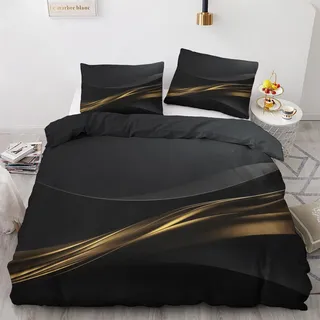 Generisch Schwarz Gold Bettwäsche 200x220cm, Linie Modern Bettwäsche-Sets 3 Teilig, Bettbezug + 2 Kissenbezüge 80x80cm Weich Mikrofaser mit Reißverschluss 21D&-11