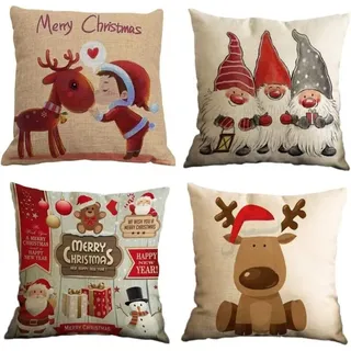 Kissenbezug-set, 4er-set Aus Baumwolle Und Baumwolle, Bedruckt Mit Weihnachtsmotiven Wie Rentier, Weihnachtsmann, Schneemann Und Zwerg, Quadratischer Kissenbezug Für Bett, Auto, Zuhause, Sofa, 45 X 45