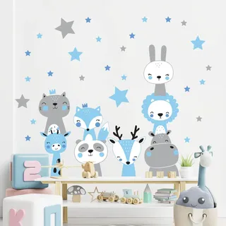 Wandtattoo Kinder - Dekoration Babyzimmer - Wandtattoo Kinderzimmer - Wandaufkleber Skandinavische Tiere fröhlich + 60 Sterne - H60 x L60 cm