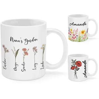 FIDWALL Tasse personalisiert mit Geburtsblume – Personalisierte Tasse mit Namen oder Wunschtext, Kaffeetasse personalisiert, Monatsblume wählbar, personalisierte Geschenke für Frauen, Mama & Oma