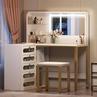 ProximaX Eck-Schminktisch L-förmig mit Spiegel, 5 Schubladen und Stauraum – Weiß/Gold, Moderner Make-up Tisch mit Ablageflächen und Hocker - Weiß