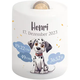 Kinder-Spardose mit Namen & Geburtsdaten personalisiert - Wolken-Motiv - Geldgeschenk für Neugeborenen & Baby - Sparschwein für Mädchen & Jungen - Geschenk zur Geburt, Taufe, Geburtstag (Hund)