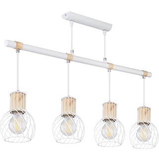 Pendelleuchte Holzbalken Hängelampe Retro Holz Optik Esszimmerlampe mit vier Käfigkugeln, weiß, 4x E27, L x x H 87x12x120 cm