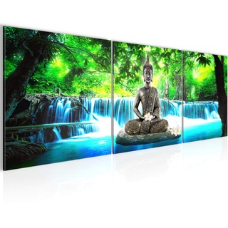 Runa Art Bilder Buddha Wasserfall 3 Teilig Bild auf Vlies Leinwand Deko Wohnzimmer Schlafzimmer 90 x 30 cm Natur Blau Grün 503534b