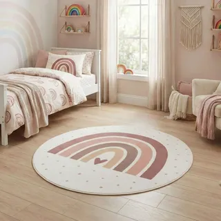 Carpetsale24 Kinderteppich Regenbogen Spielteppich rund 160 cm für Kinderzimmer in Creme mit Herz Motiv ideal als Spielunterlage