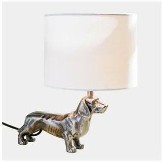 Mirabeau Tischleuchte Tischlampe Wendrel antiksilber/creme, Hund, Schirm aus reiner Baumwolle, Für wohnliche Ecken silberfarben