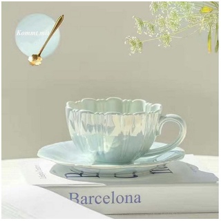 FIDDY Cappuccinotasse Vintage-elegantes Keramik-Kaffeebecher-Untertassen-Set mit Löffel, Blütenblatt-Kaffeetasse, eleganter Retro-Nachmittagstee blau