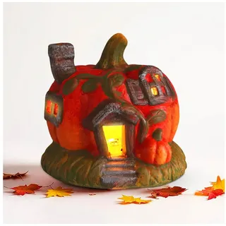 Spetebo LED Kürbis Haus aus Ton, mit Timer - 12 cm, - Herbstdeko Zierkürbis Aus Steinzeug, Warm weiß beleuchtet,