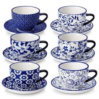 vancasso Cappuccino Tassen mit Untertassen 6er Set, SELENE 240ml Kaffeetassen aus Hochwertiges Porzellan, Spülmaschinen- und Mikrowellengeeignet, Vintage Blau-weiß